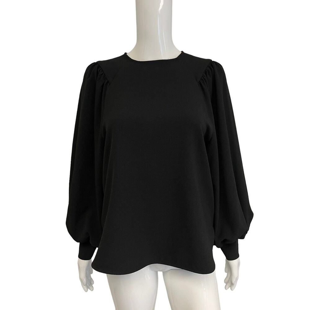GANNI Black Heavy Crepe Blouson Puff Sleeve Blouse Shirt Top Size 36 US 6